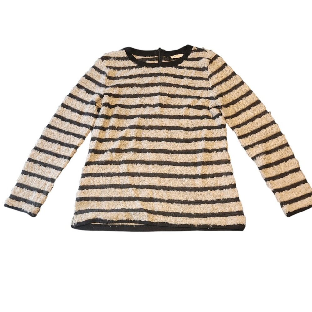 Hem & Thread Sweater Fuzzy Soft Zip Back Striped Knit Pullover Womens Medium EUC